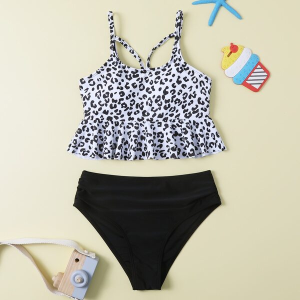 

Girls Leopard Ruffle Hem Bikini Swimsuit, Black and white