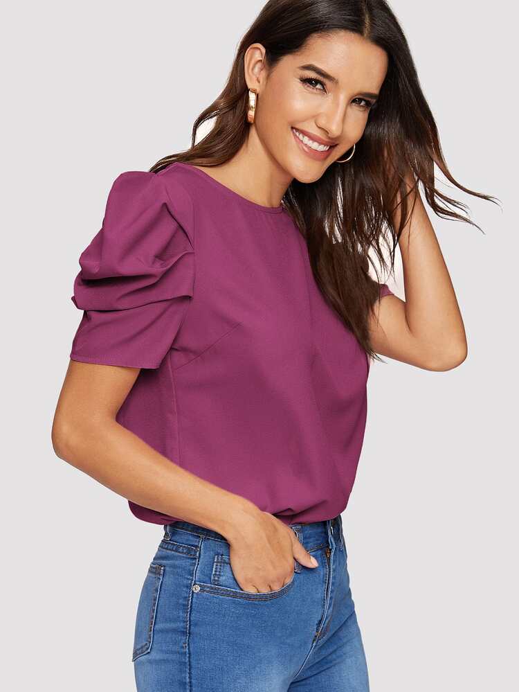 SHEIN Clasi Button Keyhole Back Puff Sleeve Top - Purple - View 5