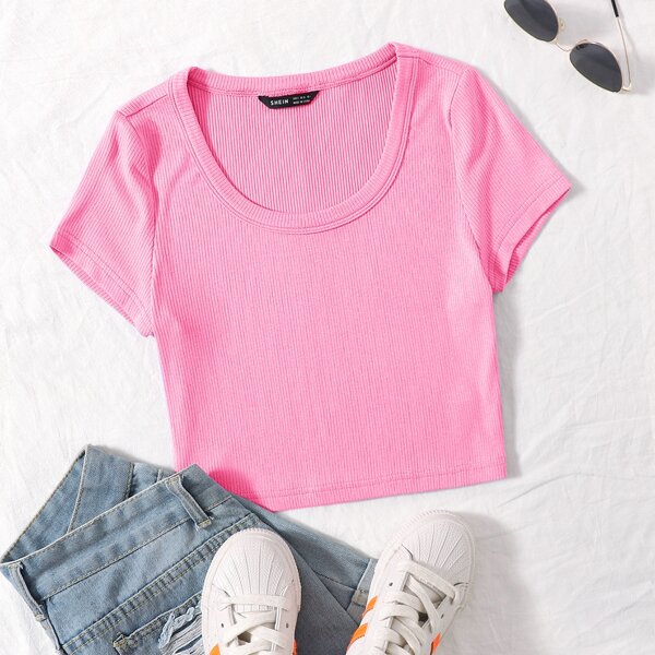 

Rib-knit Solid Tee, Pink