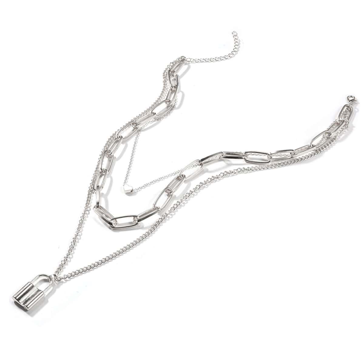 

Lock Layered Chain Necklace, Silver