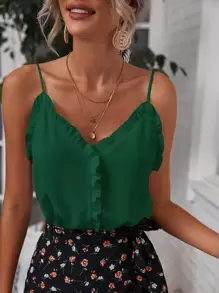 SHEIN Frenchy Áo hai dây viền lá sen màu trơn Boho - Màu xanh lá cây đậm - Xem 1