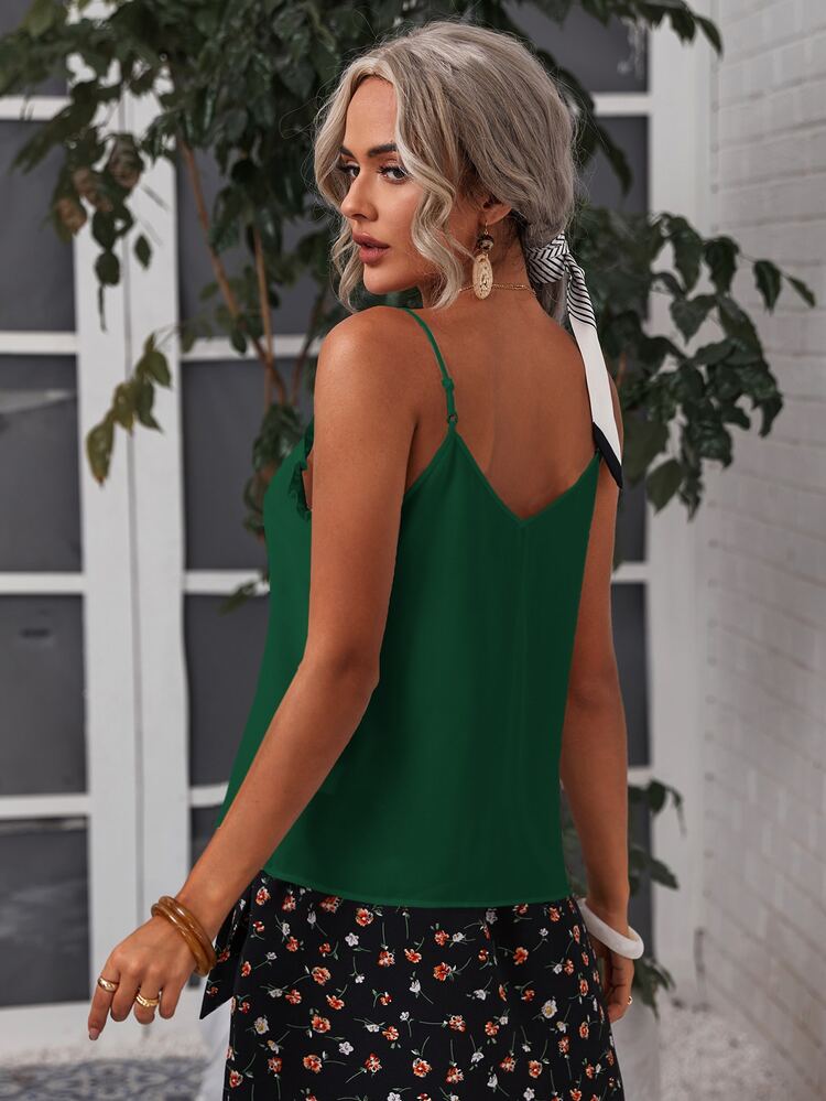 SHEIN Frenchy Áo hai dây viền lá sen màu trơn Boho - Màu xanh lá cây đậm - Xem 2