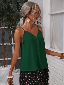 SHEIN Frenchy Áo hai dây viền lá sen màu trơn Boho - Màu xanh lá cây đậm - Xem 3