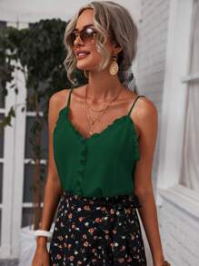 SHEIN Frenchy Áo hai dây viền lá sen màu trơn Boho - Màu xanh lá cây đậm - Xem 4