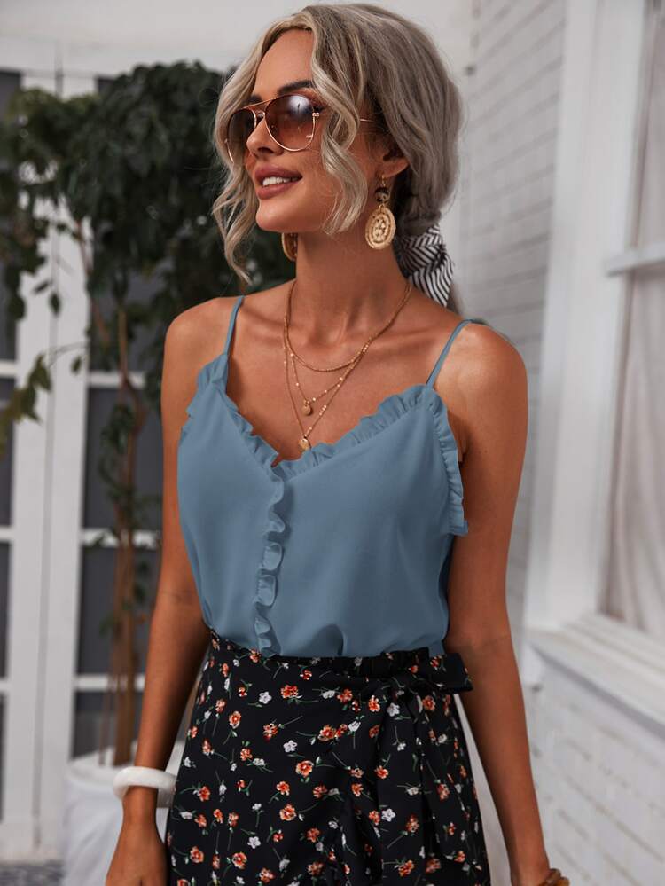 SHEIN Frenchy Áo hai dây viền lá sen màu trơn Boho - Màu xanh bụi bặm - Xem 4