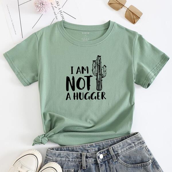 

Slogan & Cactus Print Tee, Mint green