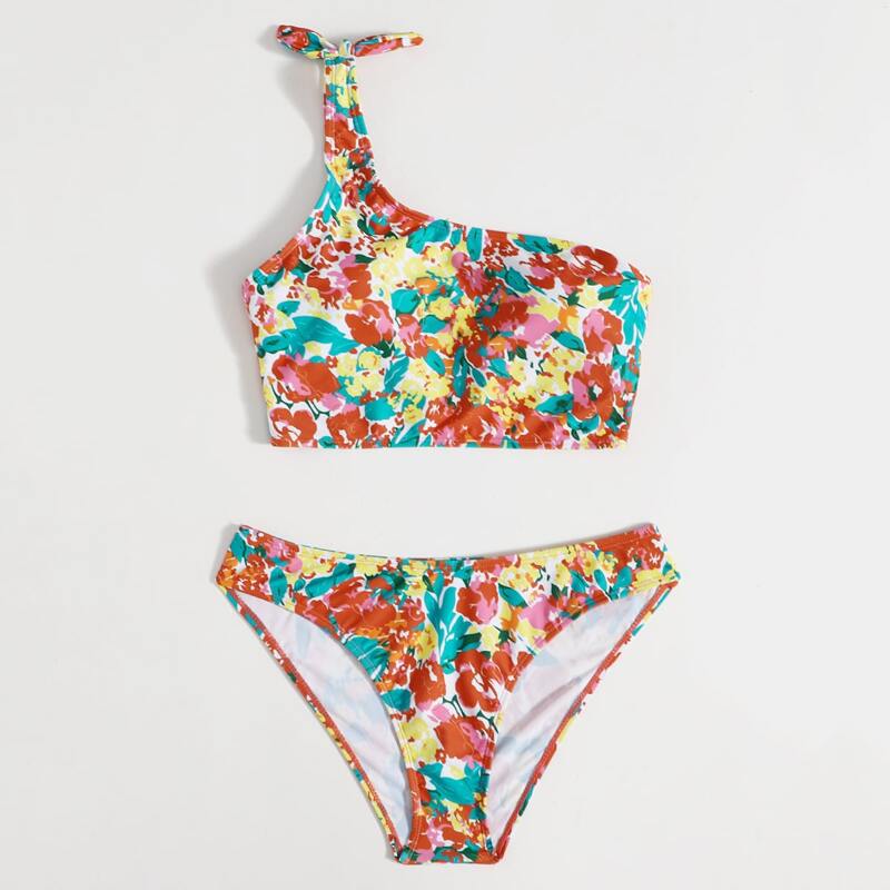 

Floral Random Print One Shoulder Bikini Swimsuit, Multicolor