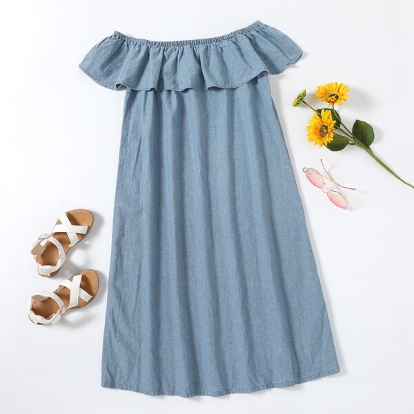 

1pc Bardot Ruffle Trim Denim Dress, Medium wash