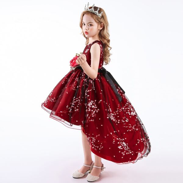 

Girls Floral Mesh Overlay Appliques High Low Hem Gown Dress, Burgundy