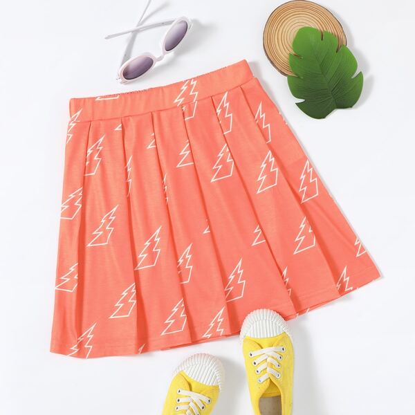 

Girls 1pc Lightning Print Pleated Skirt, Coral orange