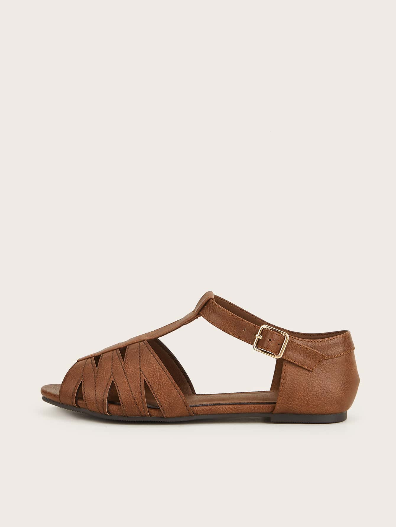 Pin Buckle Flat Gladiator Sandals, Coffee-brown Fashion Solid Color Women's Flat Sandals - Coffee Brown - View 3
