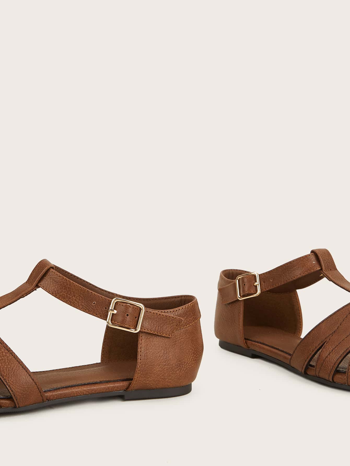 Pin Buckle Flat Gladiator Sandals, Coffee-brown Fashion Solid Color Women's Flat Sandals - Coffee Brown - View 4