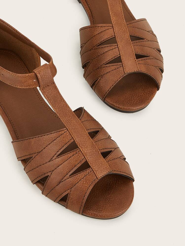 Pin Buckle Flat Gladiator Sandals, Coffee-brown Fashion Solid Color Women's Flat Sandals - Coffee Brown - View 5
