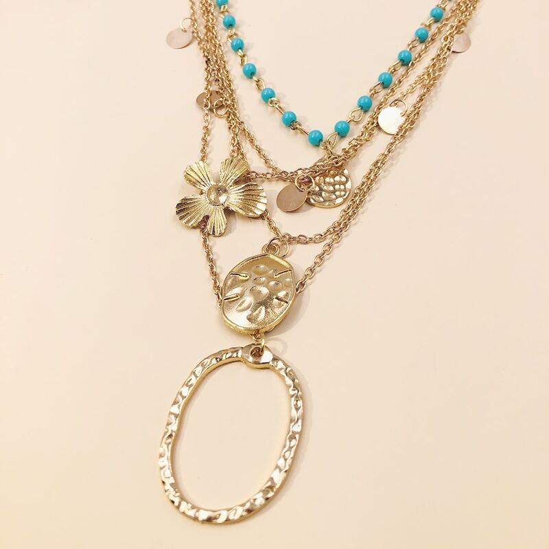 

Floral & Ring Layered Necklace, Gold