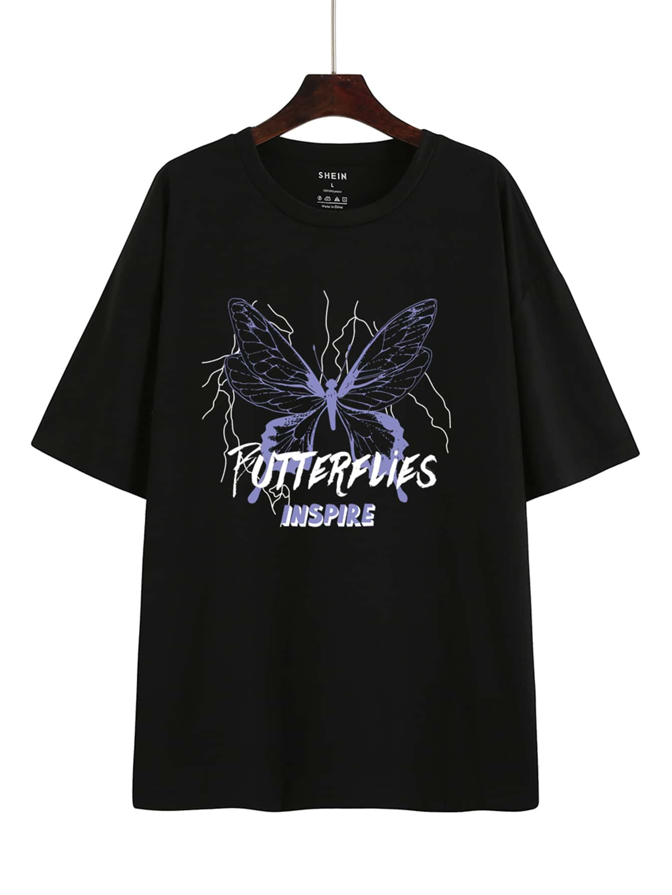 SHEIN EZwear Butterfly And Letter Graphic Drop Shoulder Oversized Tee - Black - View 1