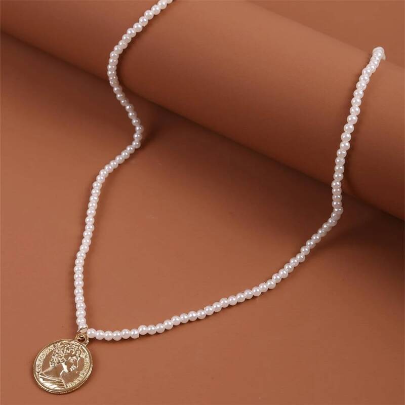 

Faux Pearl Coin Pendant Necklace, Gold