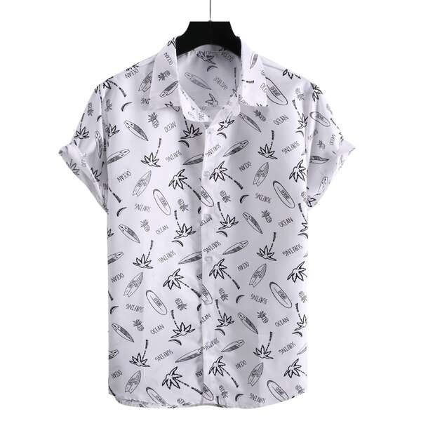 

Men Tropical & Pineapple Print Shirt, Black and white