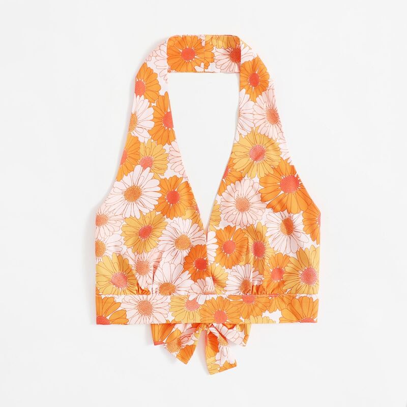 

Sunflower Print Bow Back Halter Top, Orange