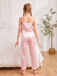 Niñas Conjunto de pijama de satén con estampado - Rosa Pálido - Ver 2