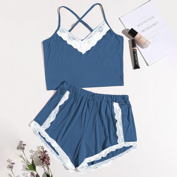 

Contrast Lace Criss Cross Back Pajama Set, Dusty blue