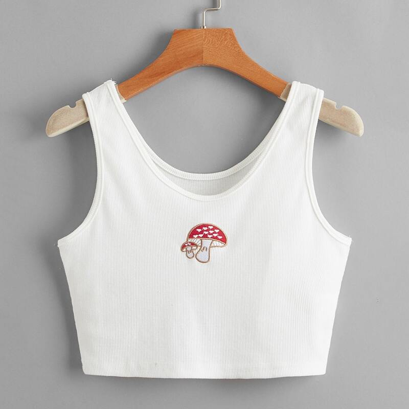 

Mushroom Embroidery Ribbed Tank Top, White