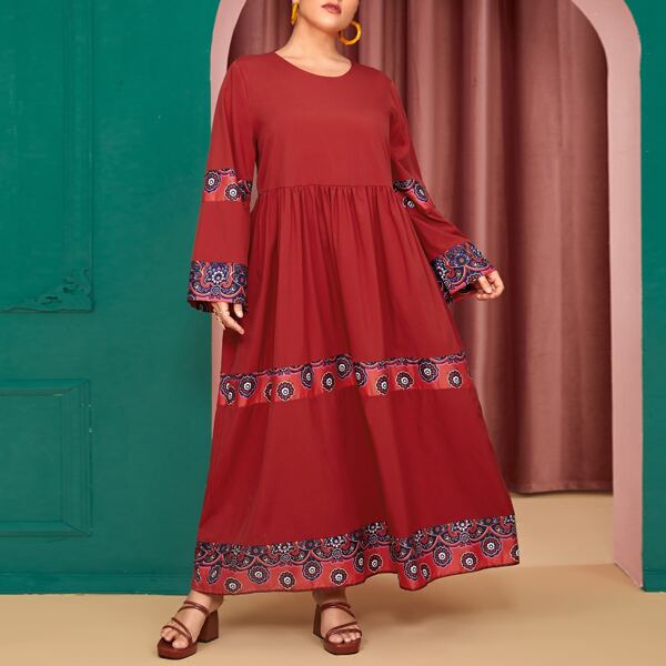 

Plus Floral Print Babydoll Dress, Burgundy