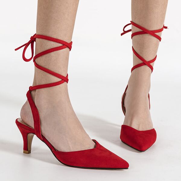 

Point Toe Mid Heeled Tie Leg Pumps, Red