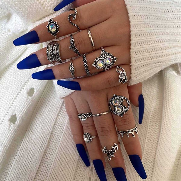 

15pcs Flower & Crown Design Ring, Antique silver