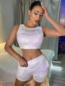 Top De Tanque Corto De Corte Tinte Anudado Con Letras Gráficas Con Shorts De Pista - Multicolor - Ver 4