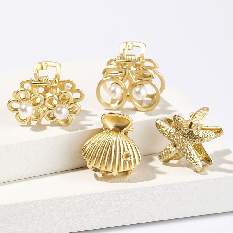 

4pcs Flower & Shell Design Hair Claw, Gold