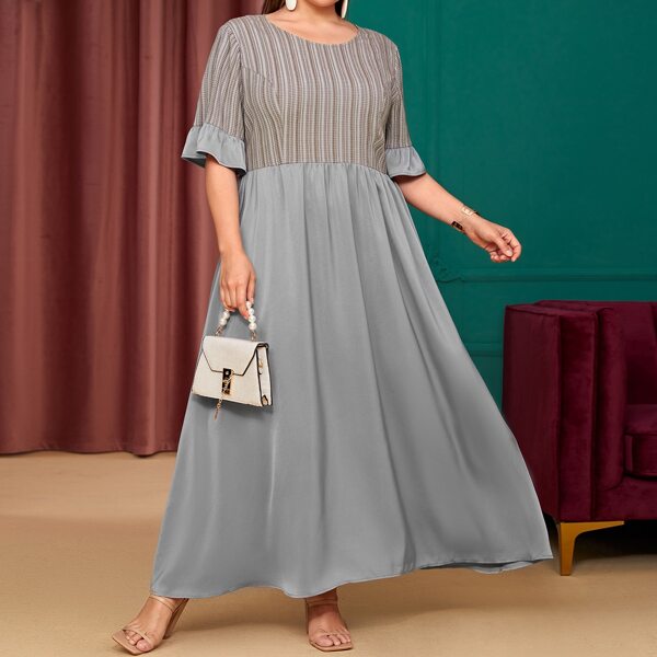 

Plus Striped Flounce Sleeve Dress, Grey
