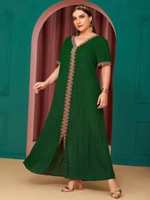 Al Najma Plus Contrast Embroidery Trim Dress - Green - View 1