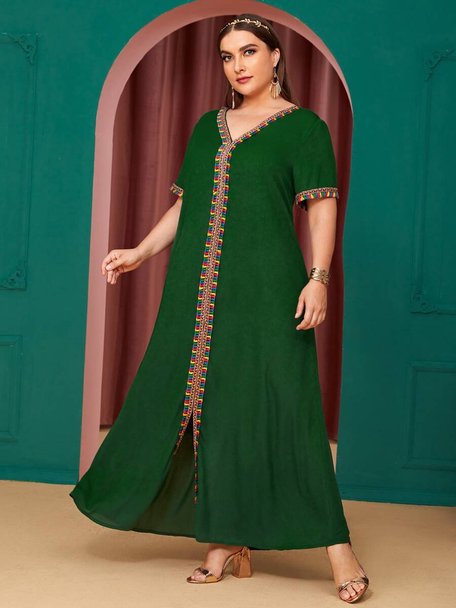 Al Najma Plus Contrast Embroidery Trim Dress - Green - View 1