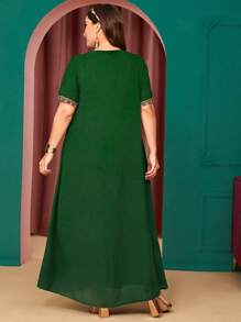 Al Najma Plus Contrast Embroidery Trim Dress - Green - View 2