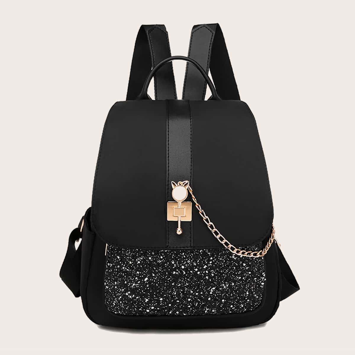 

Glitter Detail Flap Backpack, Black