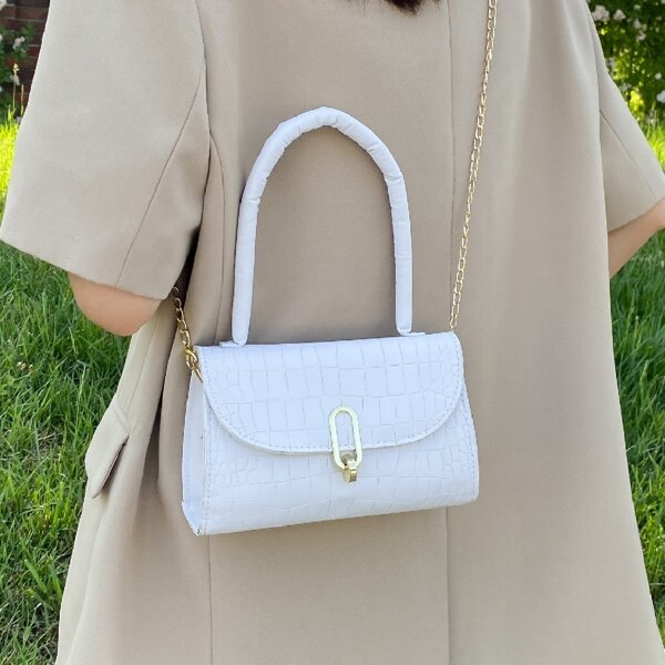 

Metal Lock Croc Embossed Chain Shoulder Bag, White
