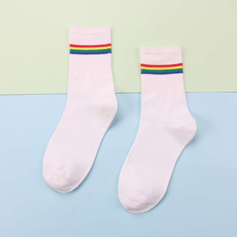 

1pair Colorful Striped Crew Socks, White