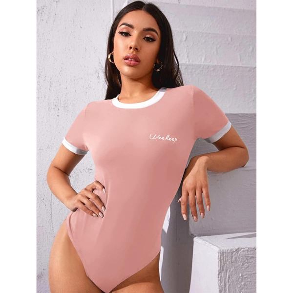 

Contrast Binding Letter Graphic Tee Bodysuit, Dusty pink
