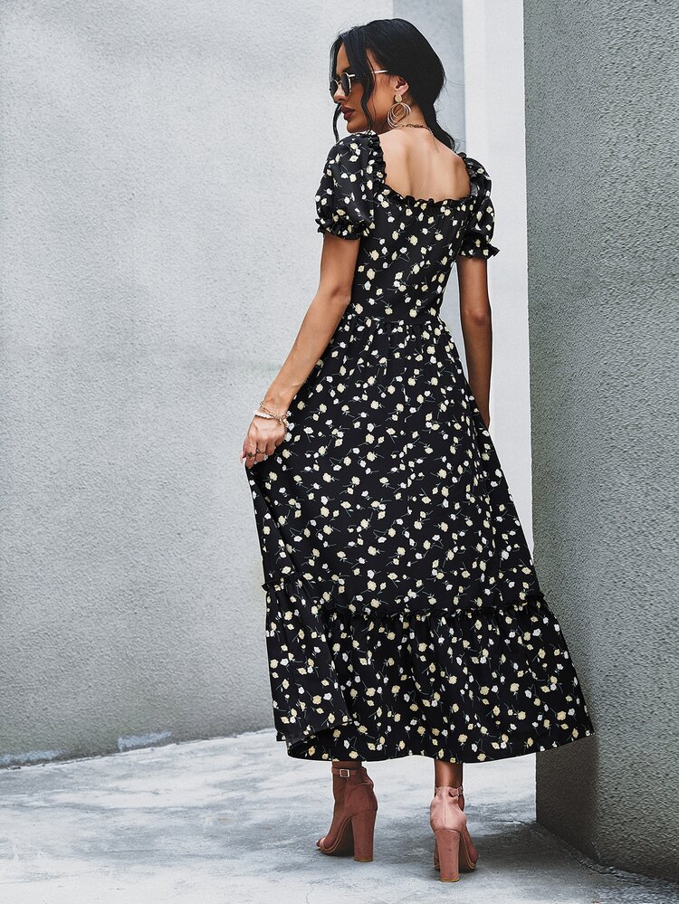 Ditsy Floral Shirred A-line Dress - Black - View 2