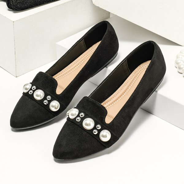 

Faux Pearl & Studded Decor Flats, Black