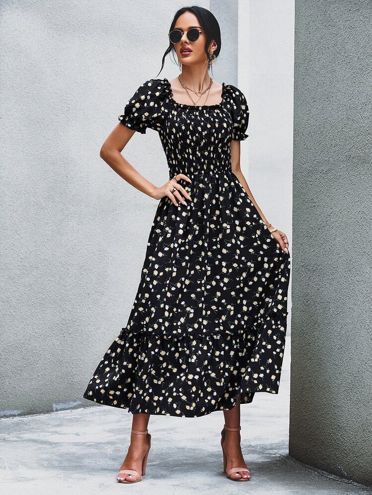 Ditsy Floral Shirred A-line Dress - Black - View 6