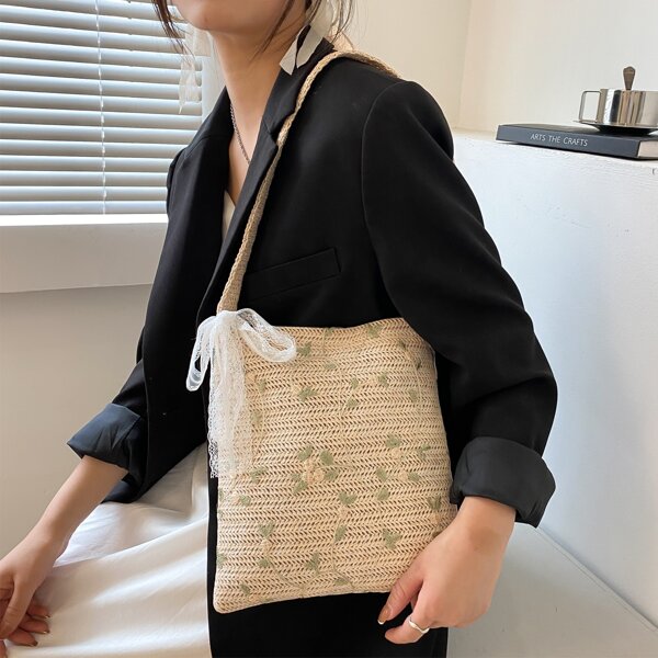 

Flower Embroidered Straw Bag, Beige