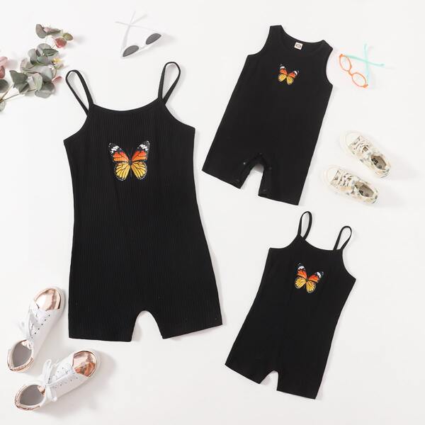 

Butterfly Print Unitard Cami Romper, Black