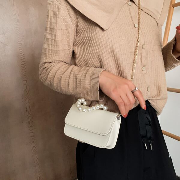 

Mini Faux Pearl Handle Satchel Bag, Beige
