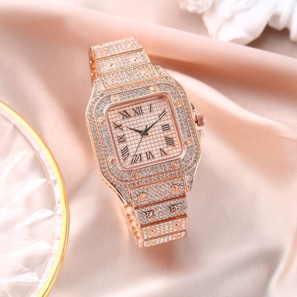 

Men Rhinestone Decor Square Pointer Quartz Watch