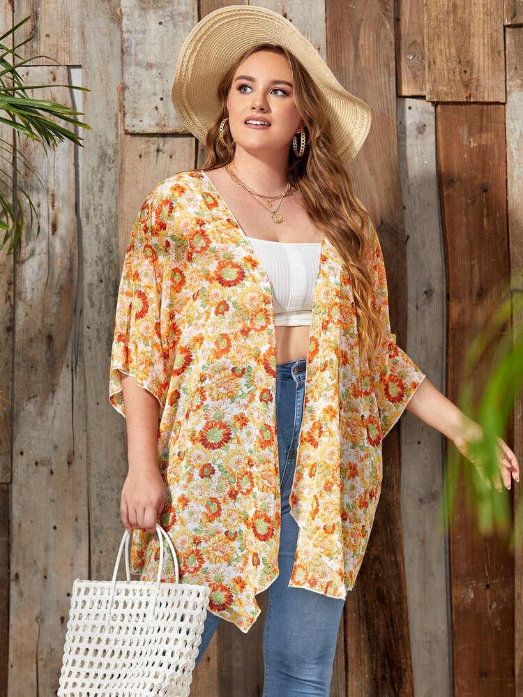 Áo khoác kimono họa tiết hoa quá khổ - Màu vàng - Xem 1