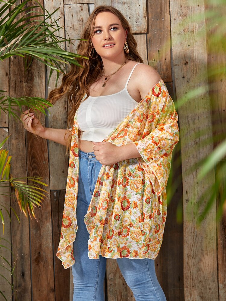 Áo khoác kimono họa tiết hoa quá khổ - Màu vàng - Xem 4