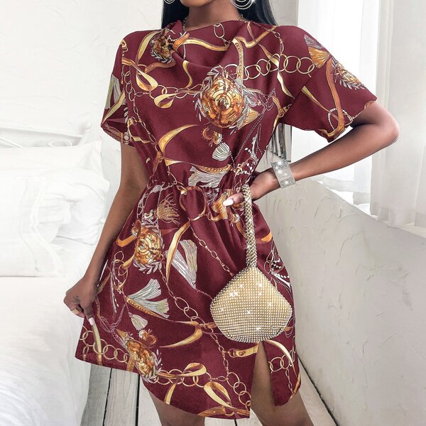 

Chain Print Drop Shoulder Split Hem A-line Dress, Burgundy