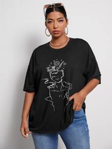 Flirla Áo thun Plus size Con số Giải trí - màu đen - Xem 1