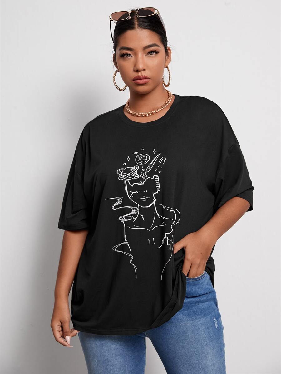 Flirla Áo thun Plus size Con số Giải trí - màu đen - Xem 1